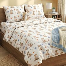 Lenjerie pat Ranforce Cotton Pro Bumbac 100%, 1 persoana, 3 piese Pisicute Alb/Bej RCP44