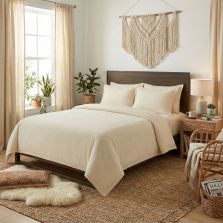 Lenjerie pat Ranforce Bumbac 100% UNI 4 piese, cearșaf pat 240x260 cm, pilotă 200x220 cm, 2 fețe perne 50x70 cm, Bej, Pucioasa