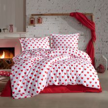 Lenjerie pat dublu Bumbac 100% Ranforce 4 piese extra large, cearsaf pat 240x260 cm, pilota 200x220 cm, 2 fete perne 50x70 cm, Alb / Rosu AMOR V2