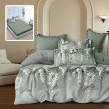 Lenjerie pat dublu Finet Bumbac 6 piese cu husa saltea 160x200 sau 180x200 cm, pilota 200x230 cm, 2 fete perna 50x70 si 70x70 cm, Verde / Gri, Pucioasa ANA V2