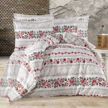 Lenjerie pat Bumbac Ranforce, Model traditional, 4 piese cearsaf pat 240x260 cm, pilota 200x220 cm, 2 fete perne 50x70 cm, Alb / Roz, Arhaic1