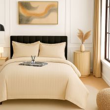 Lenjerie pat Damasc Policoton XXL - Super Preț, cearșaf 230x260 cm, pilotă 200x230 cm, 2 fețe perne 50x70 cm, Bej
