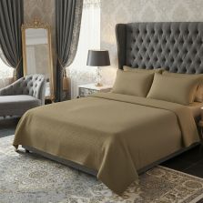 Lenjerie pat Creponata 100% Bumbac UNI, cearsaf pat 160x240 cm, pilota 140x210 cm, fata perna 50x70 cm, BEJ INCHIS, Ralex Pucioasa