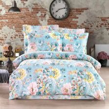 Lenjerie pat dublu Creponata 100% Bumbac, cearsaf pat 200x230 cm, pilota 180x215 cm, 2 fete perna 50x70 cm, Flori Bleu, Pucioasa