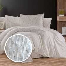 Lenjerie pat dublu Creponata 100% Bumbac, cearsaf pat 200x230 cm, pilota 180x215 cm, 2 fete perna 50x70 cm, Bej Deschis, Pucioasa