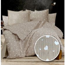 Lenjerie pat dublu Creponata 100% Bumbac, cearsaf pat 200x230 cm, pilota 180x215 cm, 2 fete perna 50x70 cm, Alb/Bej, Pucioasa CREP60