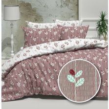 Lenjerie pat dublu Creponata 100% Bumbac, cearsaf pat 200x230 cm, pilota 180x215 cm, 2 fete perna 50x70 cm, Alb/Rosu, Pucioasa CREP61