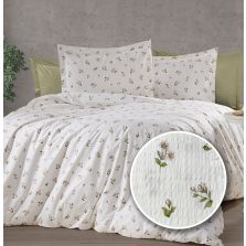 Lenjerie pat dublu extra large Creponata 100% Bumbac, cearsaf pat 240x260 cm, pilota 200x230 cm, 2 fete perna 50x70 cm, Crem/Verde, Pucioasa CREP70