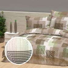 Lenjerie pat dublu Creponata 100% Bumbac, cearsaf pat 200x230 cm, pilota 180x215 cm, 2 fete perna 50x70 cm, Verde-Maro, Pucioasa