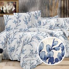 Lenjerie pat dublu extra large Creponata 100% Bumbac, cearsaf pat 240x260 cm, pilota 200x230 cm, 2 fete perna 50x70 cm, Crem-Albastru, Pucioasa