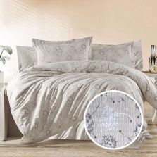 Lenjerie pat dublu Creponata 100% Bumbac, cearsaf pat 200x230 cm, pilota 180x215 cm, 2 fete perna 50x70 cm, Cappuccino, Pucioasa