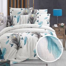 Lenjerie pat Creponata 100% Bumbac, cearsaf pat 160x240 cm, pilota 140x210 cm, fata perna 50x70 cm, Alb-Albastru, Pucioasa