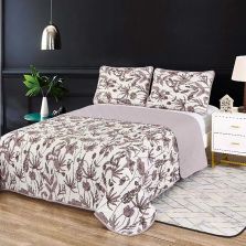 Cuvertura pat matlasata imprimta 230x250 cm cu 2 fete perne 50x70 cm, Frunze Mov Ralex Pucioasa 