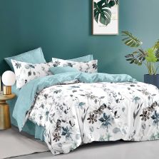 Lenjerie pat dublu Economy 4 piese, cearsaf pat 230x250 cm si pilota 200x230 cm, 2 fete perne 50x70, Flori Bleu ECN9 Ralex Pucioasa 