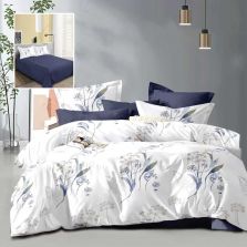 Lenjerie pat dublu Economy 4 piese, cearsaf pat 230x250 cm si pilota 200x230 cm, 2 fete perne 50x70, Flori Alb / Albastru ECN46 Ralex Pucioasa