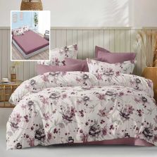 Lenjerie pat dublu Economy 6 piese, cearsaf pat cu husa 180x200 cm si pilota 200x230 cm, 2 fete perne 50x70 si 2 fete perna 70x70, Imprimeu floral Roz ECNH100 Ralex Pucioasa 
