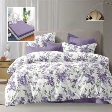 Lenjerie pat dublu Economy 6 piese, cearsaf pat cu husa 180x200 cm si pilota 200x230 cm, 2 fete perne 50x70 si 2 fete perna 70x70, Flori Alb/Mov ECNH14 Ralex Pucioasa 