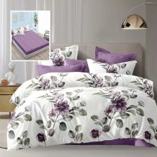Lenjerie pat dublu Economy 6 piese, cearsaf pat cu husa 180x200 cm si pilota 200x230 cm, 2 fete perne 50x70 si 2 fete perna 70x70, Imprimeu floral Mov ECNH17 Ralex Pucioasa 