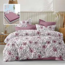 Lenjerie pat dublu Economy 6 piese, cearsaf pat cu husa 180x200 cm si pilota 200x230 cm, 2 fete perne 50x70 si 2 fete perna 70x70, Flori Roz ECNH19 Ralex Pucioasa