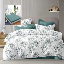 Lenjerie pat dublu Economy 6 piese, cearsaf pat cu husa 180x200 cm si pilota 200x230 cm, 2 fete perne 50x70 si 2 fete perna 70x70, Crengute Alb/Verde ECNH25 Ralex Pucioasa 