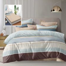 Lenjerie pat dublu Economy 6 piese, cearsaf pat cu husa 180x200 cm si pilota 200x230 cm, 2 fete perne 50x70 si 2 fete perna 70x70, Moderna Cappuccino/Bleu ECNH26 Ralex Pucioasa