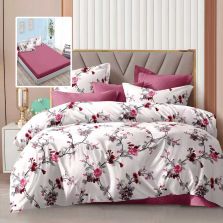 Lenjerie pat dublu Economy 6 piese, cearsaf pat cu husa 180x200 cm si pilota 200x230 cm, 2 fete perne 50x70 si 2 fete perna 70x70, Trandafiri Roz ECNH27 Ralex Pucioasa