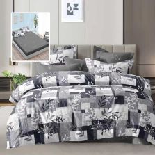 Lenjerie pat dublu Economy 6 piese, cearsaf pat cu husa 180x200 cm si pilota 200x230 cm, 2 fete perne 50x70 si 2 fete perna 70x70, Frunze Gri ECNH30 Ralex Pucioasa 