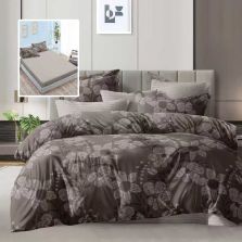 Lenjerie pat dublu Economy 6 piese, cearsaf pat cu husa 180x200 cm si pilota 200x230 cm, 2 fete perne 50x70 si 2 fete perna 70x70, Flori Bej/Maro ECNH32 Ralex Pucioasa