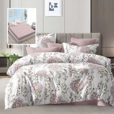 Lenjerie pat dublu Economy 6 piese, cearsaf pat cu husa 180x200 cm si pilota 200x230 cm, 2 fete perne 50x70 si 2 fete perna 70x70, Moderna Alb/Roz ECNH33 Ralex Pucioasa 