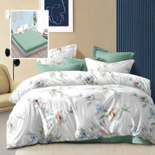 Lenjerie pat dublu Economy 6 piese, cearsaf pat cu husa 180x200 cm si pilota 200x230 cm, 2 fete perne 50x70 si 2 fete perna 70x70, Flori Alb/Verde ECNH35 Ralex Pucioasa 