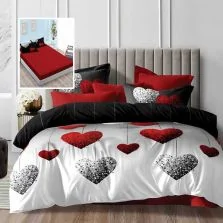 Lenjerie pat dublu Economy 6 piese, cearsaf pat cu husa 180x200 cm si pilota 200x230 cm, 2 fete perne 50x70 si 2 fete perna 70x70, Inimioare Rosu/Negru ECNH38 Ralex Pucioasa