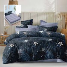 Lenjerie pat dublu Economy 6 piese, cearsaf pat cu husa 180x200 cm si pilota 200x230 cm, 2 fete perne 50x70 si 2 fete perna 70x70, Peisaj Nocturn Albastru ECNH39 Ralex Pucioasa 