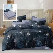 Lenjerie pat dublu Economy 6 piese, cearsaf pat cu husa 180x200 cm si pilota 200x230 cm, 2 fete perne 50x70 si 2 fete perna 70x70, Peisaj Nocturn Albastru ECNH39 Ralex Pucioasa