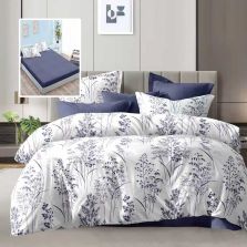 Lenjerie pat dublu Economy 6 piese, cearsaf pat cu husa 180x200 cm si pilota 200x230 cm, 2 fete perne 50x70 si 2 fete perna 70x70, Flori Albastru ECNH4 Ralex Pucioasa 