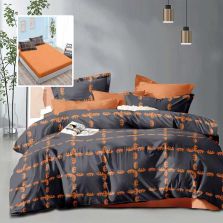 Lenjerie pat dublu Economy 6 piese, cearsaf pat cu husa 180x200 cm si pilota 200x230 cm, 2 fete perne 50x70 si 2 fete perna 70x70, Moderna Portocaliu/Negru ECNH41 Ralex Pucioasa