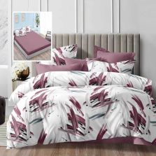 Lenjerie pat dublu Economy 6 piese, cearsaf pat cu husa 180x200 cm si pilota 200x230 cm, 2 fete perne 50x70 si 2 fete perna 70x70, Eleganta Alb/Mov ECNH42 Ralex Pucioasa 