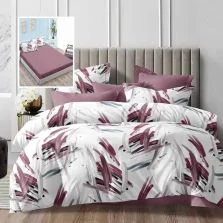 Lenjerie pat dublu Economy 6 piese, cearsaf pat cu husa 180x200 cm si pilota 200x230 cm, 2 fete perne 50x70 si 2 fete perna 70x70, Eleganta Alb/Mov ECNH42 Ralex Pucioasa