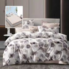 Lenjerie pat dublu Economy 6 piese, cearsaf pat cu husa 180x200 cm si pilota 200x230 cm, 2 fete perne 50x70 si 2 fete perna 70x70, Eleganta Bej ECNH6 Ralex Pucioasa