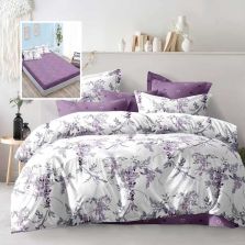 Lenjerie pat dublu Economy 6 piese, cearsaf pat cu husa 180x200 cm si pilota 200x230 cm, 2 fete perne 50x70 si 2 fete perna 70x70, Floricele Lila ECNH7 Ralex Pucioasa 