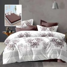 Lenjerie pat dublu Economy 6 piese, cearsaf pat cu husa 180x200 cm si pilota 200x230 cm, 2 fete perne 50x70 si 2 fete perna 70x70, Inimioara Alb/Maro ECNH9 Ralex Pucioasa