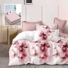 Lenjerie pat dublu Finet Bumbac 6 piese cu husa saltea 160x200 sau 180x200 cm, pilota 200x230 cm, 2 fete perna 50x70 si 70x70 cm, Alb / Roz, Pucioasa