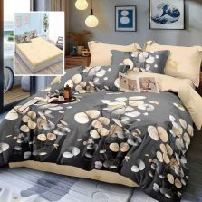 Lenjerie pat dublu Finet Bumbac 6 piese cu husa saltea 160x200 sau 180x200 cm, pilota 200x230 cm, 2 fete perna 50x70 si 70x70 cm, Bej / Negru, Pucioasa