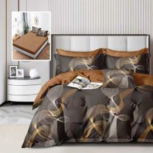 Lenjerie pat dublu Finet Bumbac 6 piese cu husa saltea 160x200 sau 180x200 cm, pilota 200x230 cm, 2 fete perna 50x70 si 70x70 cm, Maro / Negru, Pucioasa 