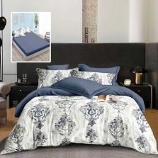 Lenjerie pat dublu Finet Bumbac 6 piese cu husa saltea 160x200 sau 180x200 cm, pilota 200x230 cm, 2 fete perna 50x70 si 70x70 cm, Albastru / Gri, Pucioasa 