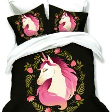 Lenjerie de pat dublu bumbac Finet 3D 6 piese 220 x 240 cm, Unicorn, Roz Negru, Pucioasa FN3D71