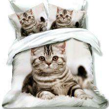 Lenjerie de pat dublu bumbac Finet 3D 6 piese 220 x 240 cm, Pisica, Alb, Pucioasa FN3D80