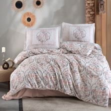 Lenjerie pat dublu Bumbac 100% Ranforce 4 piese extra large, cearsaf pat 240x260 cm, pilota 200x220 cm, 2 fete perne 50x70 cm, Crem HEZEN