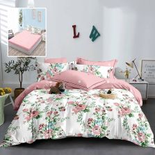 Lenjerie pat dublu Finet Bumbac 6 piese cu husa saltea 160x200 sau 180x200 cm, pilota 200x230 cm, 2 fete perna 50x70 si 70x70 cm, Alb-Roz, Pucioasa HF6P225