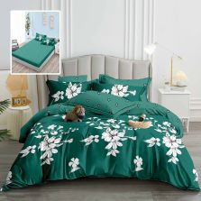 Lenjerie pat dublu Finet Bumbac 6 piese cu husa saltea 160x200 sau 180x200 cm, pilota 200x230 cm, 2 fete perna 50x70 si 70x70 cm, Alb-Verde, Pucioasa HF6P228