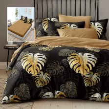 Lenjerie pat dublu Finet Bumbac 6 piese cu husa saltea 160x200 sau 180x200 cm, pilota 200x230 cm, 2 fete perna 50x70 si 70x70 cm, Negru-Maro, Pucioasa HF6P235